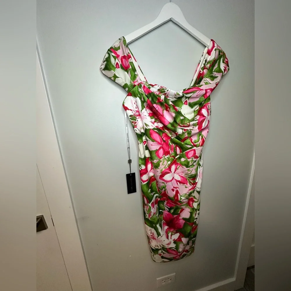 Tadashi Shoji  Floral Summer  Party Cocktail Tropical Midi Dress Size Medium - Picture 12 of 15